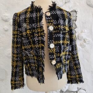 Erdem x H&M Wool Blend Tweed Plaid Frayed Jewel Button Jacket Black Yellow Sz 6